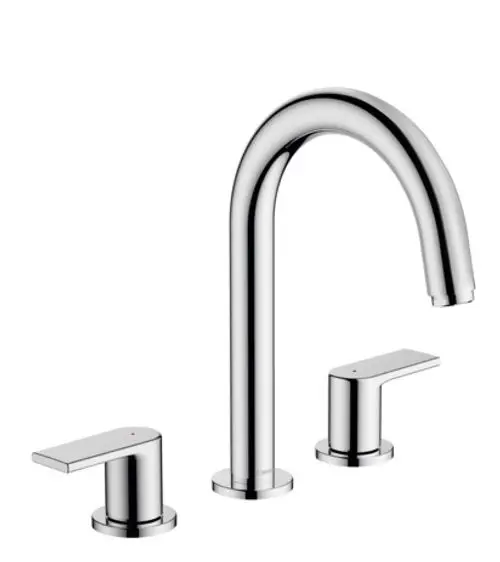 Chromene Hansgrohe Waschtischarmatur mit einem hohen, gebogenen Auslauf und zwei seitlichen Griffen zur Wassersteuerung. Schadstofffreies Design für Badezimmeranwendungen.